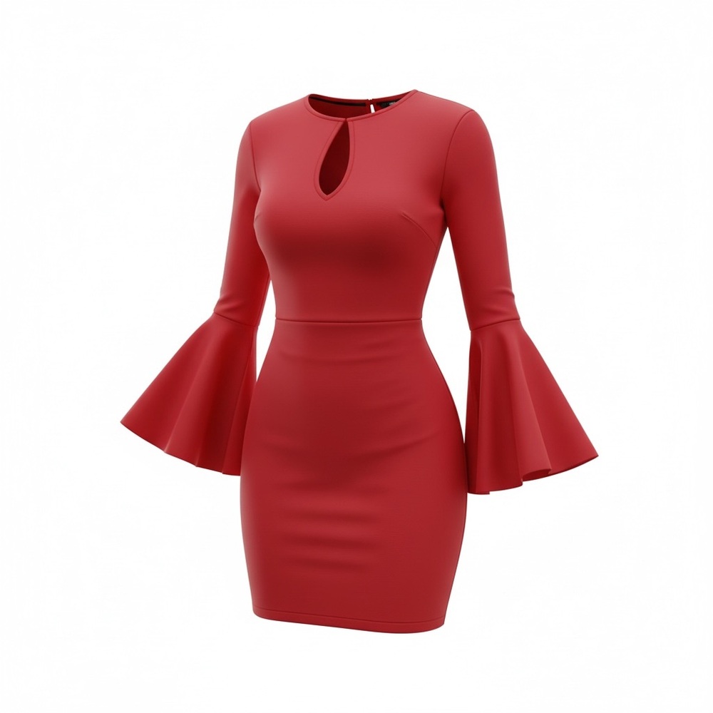 Red Bodycon Mini Dress XS Bell Sleeve Keyhole Night Out